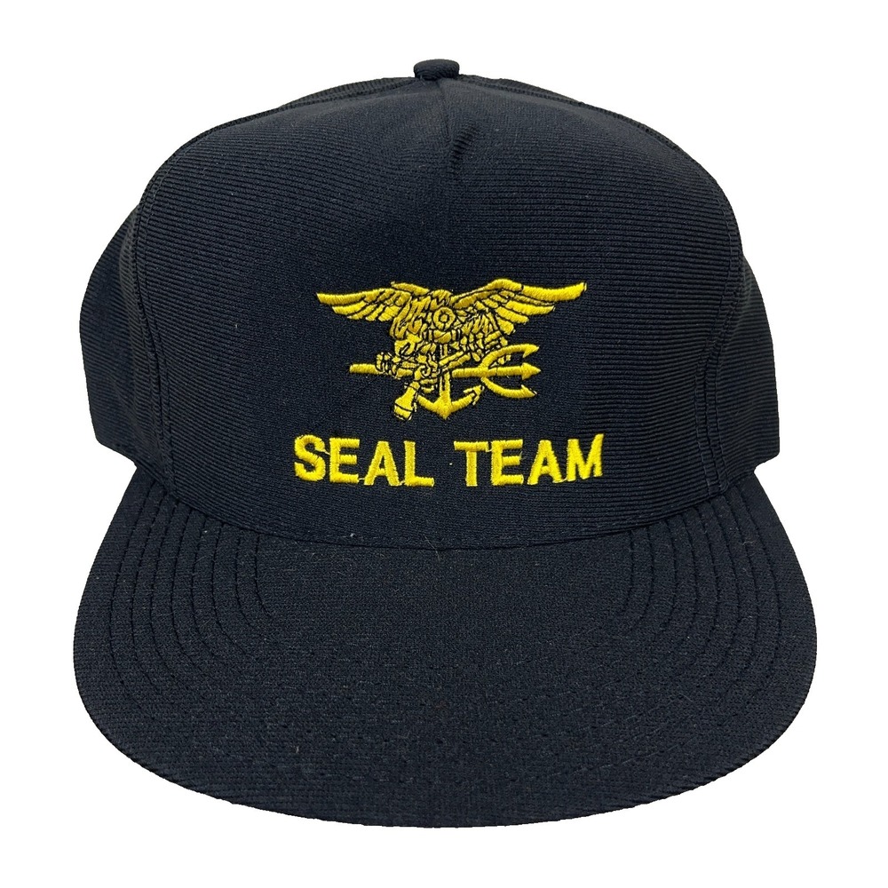 Vintage US Navy SEAL Team Hat Cap Snapback Made In USA Black Yellow Military 90s